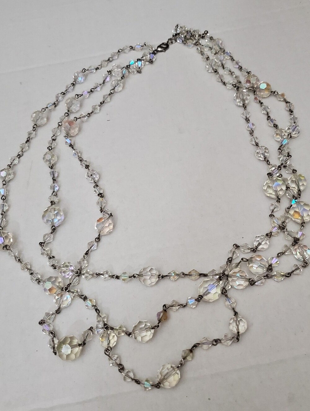 Aurora Borealis 3 Strand Clear Crystal Bead Chain Necklace with Lobster Clasp